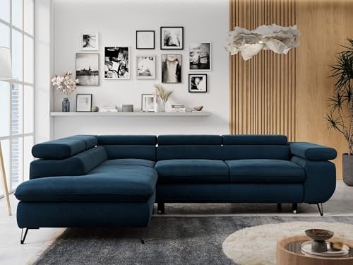 MKS MEBLE Ecksofa Sofa Blau, Wohnlandschaft L-Form mit Schlaffunktion und Bettkasten, Schlafsofa mit Bettkasten, Sofa mit Einstellbare Kopfstützen, Peter L - Dunkelblau Velvet - Links Blau