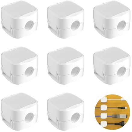 8 Pcs Magnetic Cord Organiser Set, Cable Clips for Home Office Desk, Nightstand Cord Holder for Charging Cable, Earphone Cable, Plug Cable (White)