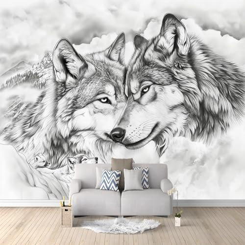 Papier Peint Mural Chambre Loup Gris Dessiné À La Main 350 x 256cm Poster Geant Mural 3D Tableaux Muraux Tapisserie Photo, Salon Chambre d'enfants Mur de Fond Papier Peint Panoramique