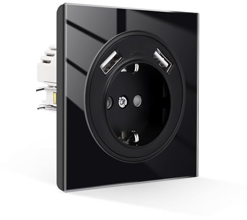 CNBINGO Einzelsteckdose Unterputz mit Krallen - Glas Schuko Steckdose mit USB-A (Max 2.1Amp total) - 16 Amp Wandsteckdose - Schwarz