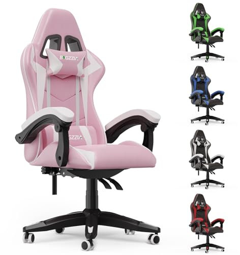 bigzzia Chaise Bureau Chaise Gaming Ergonomique en PU Cuir, Hauteur Réglable, avec Coussin Lombaire et Appui-Tête, Fauteuil Gamer Confortable pour Adultes, Filles et Garçons (Rose)