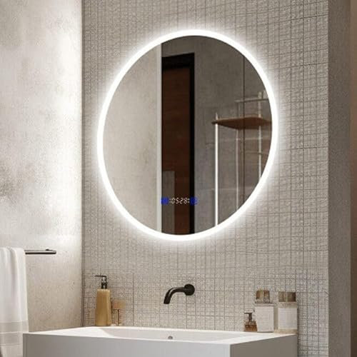 Finmrys Badspiegel mit Beleuchtung Rund 80 cm mit Uhr und Touch-Schalter Beschlagfrei Badezimmerspiegel LED Dimmbar Kaltweiß Warmweiß 31.5 inch