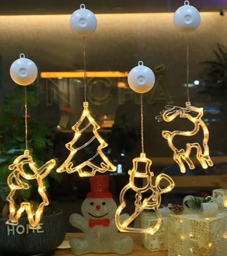 4 Pezzi Lampada a Ventosa Per Natale,Natalizie Decorativa per Finestra a Ventosa a LED,Babbo Natale,Luci Albero di Natale,Renne,Luci di Natale a Luce a Sospensione per Finestra,Giardino,Feste(Corto)