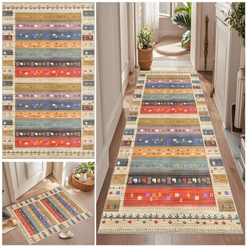 Teppich Läufer Flur Lang 70 x 250 cm Rutschfest Küche Teppich Waschbar Korridor Teppich Flurläufer Lang Korridor Teppich Läufer Flur Vintage Teppich für Wohnzimmer Küche Schlafzimmer Meterware