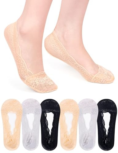 Becellen 6 Pairs Invisible Socks Women, Ultra Low Cut No Show Socks Non-Slip Ice Silk Lace Design Liner Footies for Women & Girls Loafers Flats High-heel Shoes