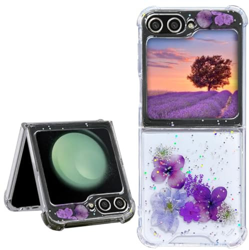 Efitoo for Samsung Galaxy Z Flip 5/Z Flip 6/Z Flip 7 FE Case Clear with Real Pressed Flowers Design Bling Glitter Sparkly Aesthetic Shockproof Protective Cute Purple Dried Floral Women Girly Cover