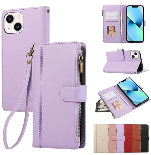 Rosbtib Handyhülle für iPhone 12 mini 2020/iPhone 13 mini 2021 5G 5.4 Lederhülle Reißverschluss Magnetverschluss Brieftasche mit 4 Kartenfächern Standfuntion Retro Ledertasche, Lila