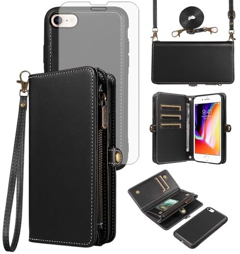 Phone Case for iPhone 7/8/SE 2020/2022 Zipper Wallet Detachable Cover with Screen Protector Crossbody Lanyard Strap Flip Card Holder Slot iPhone7 iPhone8 SE2020 SE2022 2/2nd/3/3rd SE2 SE3 Black