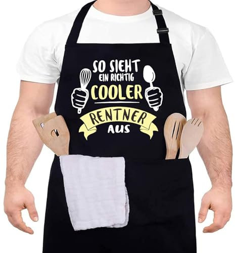 XCSJKJ Grillschürze für Männer Kochschürze Herren Schürze lustig, Grill schürze für Männer küchenschürze Herren personalisiert Grill Schürze mit 2 Taschen Grill Schürze (Rentner Schürze)
