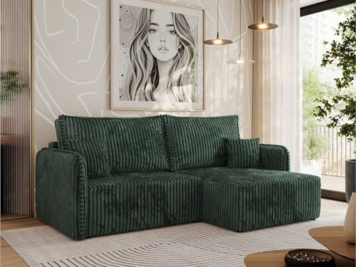 MKS MEBLE Ecksofa mit Schlaffunktion, Sofa L-Form, Schlafsofa mit Bettkasten, Bettsofa - Grün Cord - Mesto L - Rechts