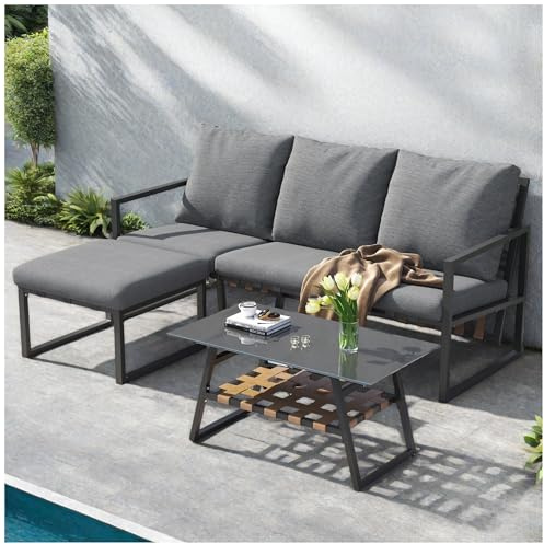 Wyibwy Juego de muebles de jardín, sofás para 4 personas, juego de esquina, sofá + mesa + reposapiés, tubo de acero galvanizado, tablero de cristal, sofá combinado para exteriores, gris
