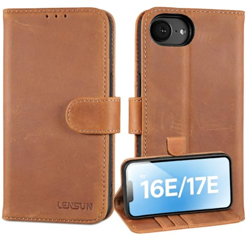 LENSUN iPhone 16E/ iPhone 17E-fodral, mobiltelefonfodral i äkta läder, plånboksfodral med plånbok] [RFID-blockering] [kortplatser] magnetisk stängning läderfodral - retro brun
