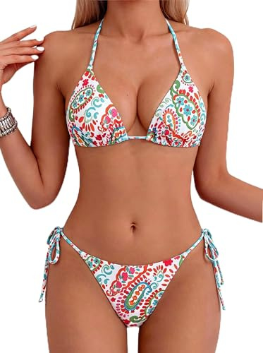 Tainehs Maillot de Bain pour Femme, Bikini avec Haut Triangle et String avec Liens à Nouer sur Les Deux côtés, XX-Large