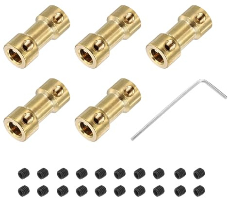 QUARKZMAN 5 Pezzi Giunto per Alberi in Ottone 5mm-5mm con Viti e Chiave Esagonale - Connettore Flessibile per Motori, Ruote/Gomme/Automobili