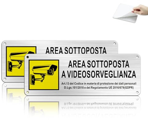TAKULA Cartello Zona Videosorvegliata 25x9cm 2 Pezzi - Area Sottoposta a Videosorveglianza con Cartello Videocamera Sorveglianza in Alluminio Satinato Preforato e Adesivo Resistente