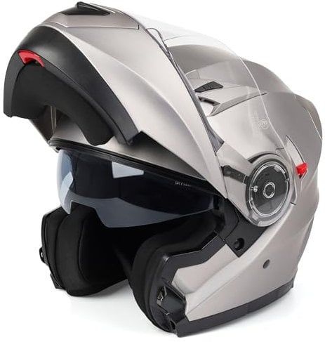Klapphelm mit Doppelvisier, Motorradhelm Klappbar, Mopedhelm ECE 22.06 Zertifiziert für Herren und Damen, Grau in Gr. XS-XL (XS)
