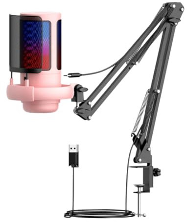 Huudngeje Metal Boom Stand USB Condenser Microphone RGB Game Call Recording Mic for Esports for Studio Pink