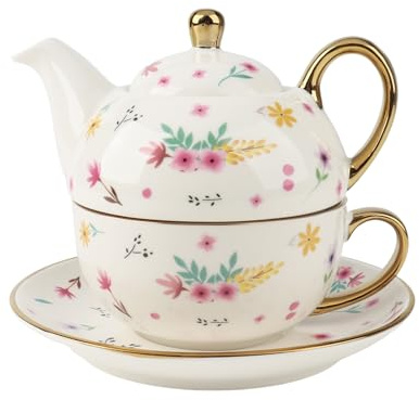 Tea for One, Teapot Tea Cup and Saucer, Gifts for Women Vintage Floral Gold-Plated Tea Set for one (Pink)