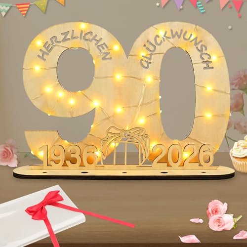 Seutgjie Deko 90. Geburtstag Frau Mann 1936-2026, Geldgeschenke Geburtstag 90 Geburtstagskarte mit LED Lichterkette Geschenkpapier, 90 Geburtstag Geschenk Holz Schild Gästebuch