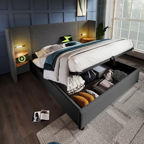 Gxffipw Polsterbett Doppelbett 180x200 cm mit Leselampe und USB-Type-C, Hydraulische Bett mit Stauraum und Nachttisch, Stauraumbett Bettgestell mit Lattenrost aus Holz, Leinen, Grau, Ohne Matratze