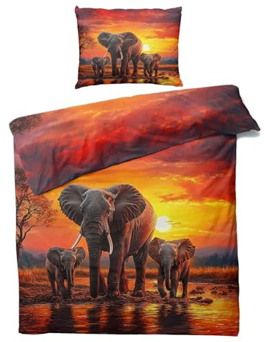 Venivici Afrika Bettwäsche 135x200 Winter - Elefant Sonnenuntergang Bettbezug 135 x 200 2er Set, Weiche & Angenehme Mikrofaser Bettbezüge & Kissenbezug 80x80, Bettwäsche-Sets mit Reißverschluss