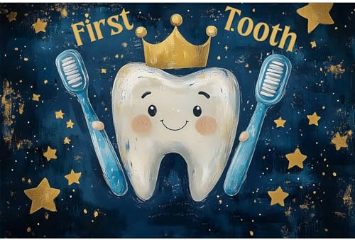 YongFoto My First Tooth Backdrop 5x3ft Cute Cartoon Crown Teeth Toothbrush Photography Background 1st Birthday Baby Party Banner Cake Table Decor Christening Infant Photoshoot Wallpaper Photo Booth