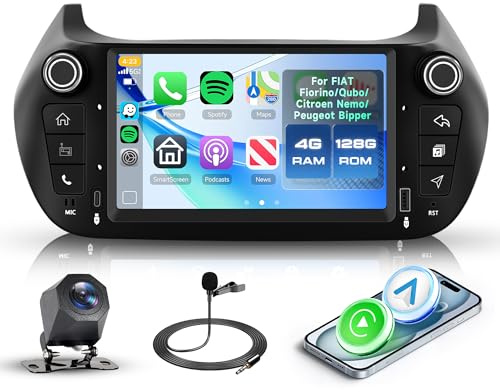 4G+128G Autoradio Android per FIAT Fiorino/Qubo/Citroen Nemo/Peugeot Bipper, 7 Schermo IPS Carplay Android Auto Wireless Navi GPS WiFi/FM/RDS/EQ BT Mirror Link Controllo del Volante Retrocamera