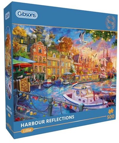 Gibsons Harbour Reflections 500 Piece Jigsaw Puzzle for Adults – Romantic Sunset Blaze Sky & Boats Gently Swaying – Artwork by Liliia Artbeat – Premium Sustainable Puzzle Made in UK/EU