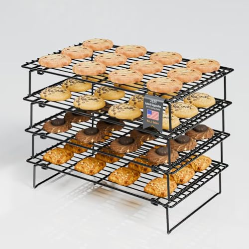 YOYIKKO Racks de Refroidissement 4PCS pour la Cuisson et la Cuisson, Pliables 4 Niveaux 26 x 41cm Lots froids de Biscuits, Anti-adhésif et BPA-Free, Four et Lave-Vaisselle Safe (Noir-198)