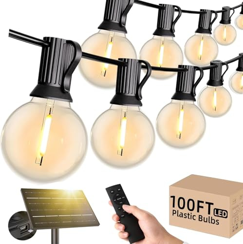Dotrvmp Lichterkette Außen Solar, 30M/100FT G40 Solar Lichterkette Aussen | mit Fernbedienung, IP65 Wasserdicht Solarlichterkette Dimmbar 3 Modi & Time Garten Beleuchtung für Terrasse, Balkon, Hochzeit