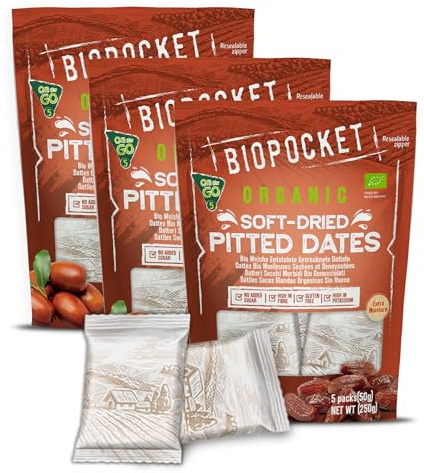 Biopocket Organic Soft Dried Date On the Go – 3 Bags (15 Individual Portion Packs) | Healthy, Organic, Non-GMO, Vegan, Kosher, Gluten-Free Snack Packs