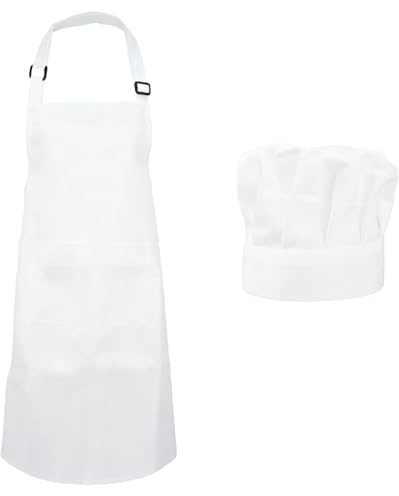 Wriligel Juego Delantal Cocina Blanco y Gorra Cocinero, Poliéster Impermeable Ajustable con Bolsillos, Disfraz Panadero para Hombres y Mujeres, Cocina Restaurante Repostería