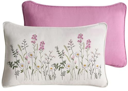 Beliani Dekokissen 2er Set Baumwolle weiß/rosa Blumenmuster 30x50 cm Boho-Stil Madhuca