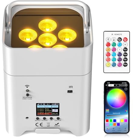 DELIBANG 108W App Wiederaufladbarer Bühnenlicht Akku, 9600mAh RGBWA+UV LED Par Akku Strahler mit Fernbedienung/DMX Uplight für Party Outdoor Bühne Hochzeit Halloween Weihnachten