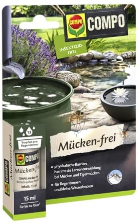 Compo Mücken‑frei, 15 ml – Physikalische Barriere gegen Mücken‑ und Tigermückenlarven, für Regentonnen & Teiche, bis zu 4 Wochen Schutz gegen Mückenlarven & 100 % pflanzlich