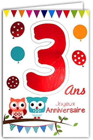 69-2003 Glückwunschkarte zum Geburtstag, 3 Jahre, Kinder, Jungen, Mädchen, Eulen, Vögel, Luftballons