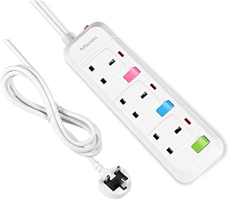 Mscien 5M 3 Way Long Extension lead Individually Switched Mountable Surge Protected Power Strip with 5 Meter Extension Cable-White/Random Switch Color
