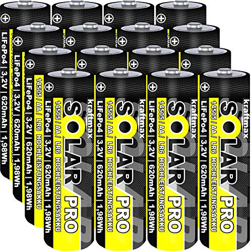 16 er Pack SOLAR pro Mignon AA Akkus - wiederaufladbare Batterien - 3,2V / 1,92Wh / 14505 - LiFePo4 Hochleistungs- Akku Batterie speziell für Solarlampen | Solar Lichterkette | Solarleuchte | Leuchte