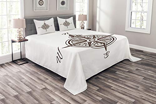 ABAKUHAUS maritim Tagesdecke Set, Einfache Retro Windrose Kunst, Set mit Kissenbezügen Waschbar, für Doppelbetten 264 x 220 cm, Taupe Weiß