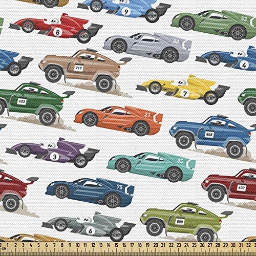 ABAKUHAUS Rennauto Gewebe als Meterware, Diagonal Fahrzeuge Speeding, Schön Gewebten Stoff für Polster und Wohnaccessoires, 1M (148x100cm), Grau Mehrfarbig