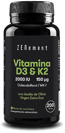 Vitamine D3 + K2, 2000 IU & 150µ MK-7, 200 Capsules | avec de l'Huile d'Olive Vierge Extra Biologique | Os, Muscles et Système Immunitaire | 100% Ingrédients Naturels | Zenement