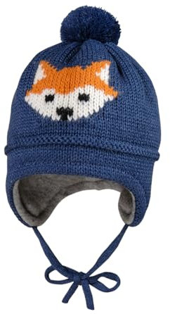maximo Mini Boy-Mütze, Intarsie Fuchs ausgenäht, Bindeband, Pompon, Futter Made in Germany