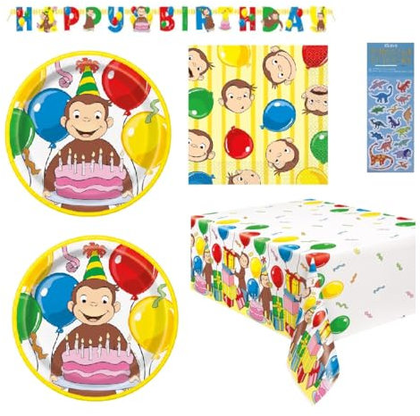 Curious George, set di decorazioni per feste di compleanno, include piatti per il pranzo, tovaglioli, tovaglia, striscione di buon compleanno (letto per 16)
