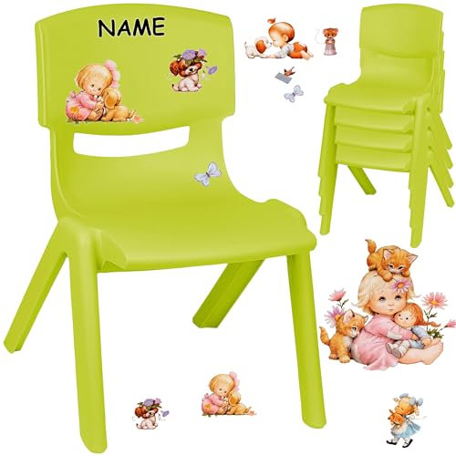 alles-meine.de GmbH Kinderstuhl/Stuhl - Motivwahl - grün - apfelgrün + Sticker - Kinder & Tierbaby - inkl. Name - Plastik - bis 100 kg belastbar/kippsicher - für INNEN & AUßE..
