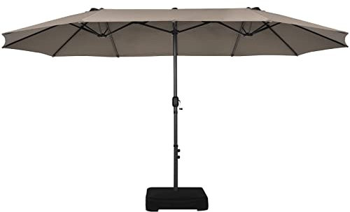 TANGZON 4.5 x 2.7M Patio Umbrella and Base Weight, Double-Sided Twin Size Garden Parasol with 12 Ribs & Crank Gandle, Outdoor Cantilever Sunshade Canopy and Stand Set for Yard Market Pool (Brown)