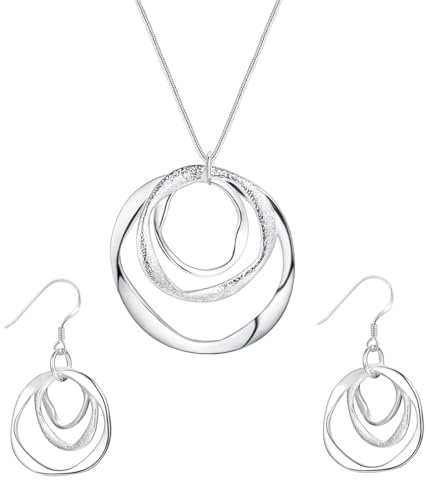 KONFEN Parure Argent Femme, Plaqué Argent Cercle Ensemble Collier Pendentif Boucle d'Oreilles Géométrie, 2 Pièces Bijoux Fantaisie Set pour Femmes et Filles