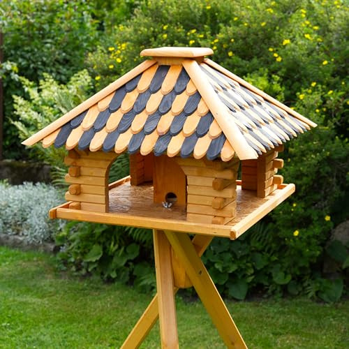 Deko-Shop-Hannusch Vogelhaus wahlweise mit Ständer und Solarbeleuchtung, Verschiedene Dachfarben (Vogelhaus, Dach Holzschindeln schwarz/braun)