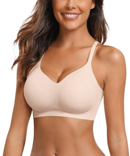 Vertvie Nahtloser BH Damen Ohne Bügel Bequeme Push Up Soft BH V Ausschnitt Weicher Bustier Seamless Bra Ultrakomfortable Gepolstert Bralette T-Shirts(1pc: Beige,L)