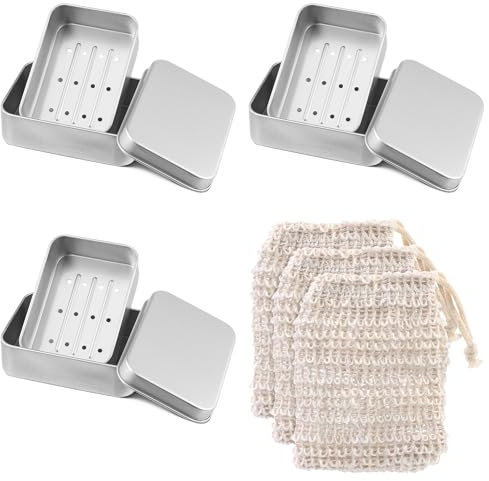 Smivyhp Seifendose Aus Aluminium 3 Stück Seifenschale Mit Abtropfgitter Herausnehmbarem Seifenbox und Sisal Seifensäckchen, Reise Soap Dish Festes Shampoo Aufbewahrung Metall Seifenkiste, L