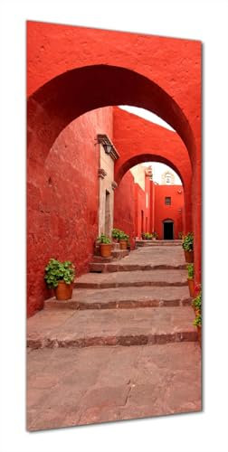 Wallario Selbstklebende Duschrückwand 90 x 190 cm mit Motiv Roter Torbogen - Wandverkleidung Fließenersatz mit Hochglanzlaminat in Glasoptik